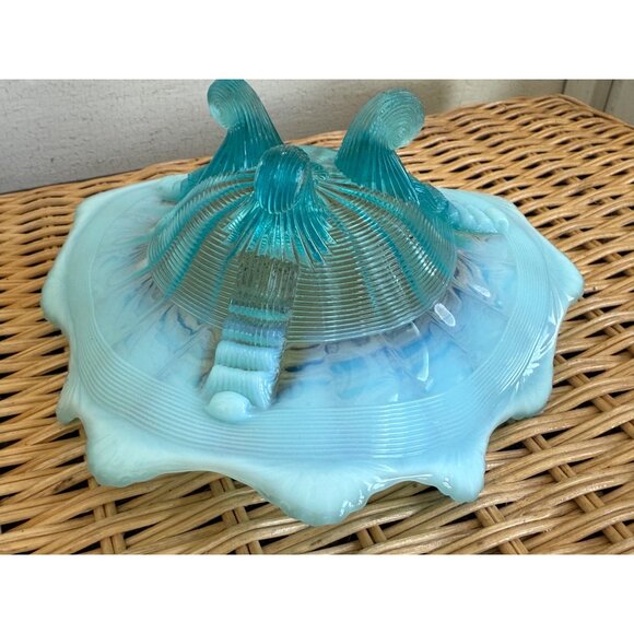 Vintage 50's Northwood Glass Klondyke Blue Opalescent Footed Candy/trinket Dish - Picture 5 of 9